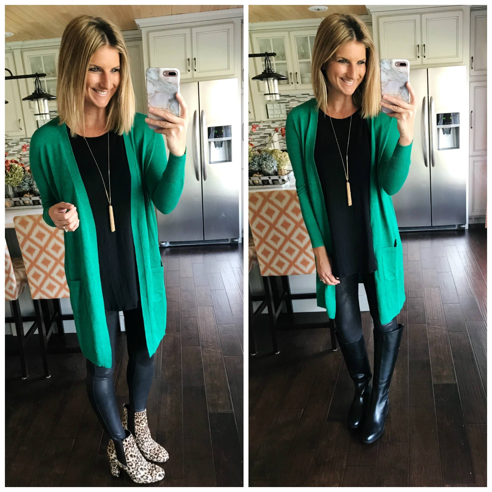 How to Wear Faux Leather Leggings With a Long Cardigan