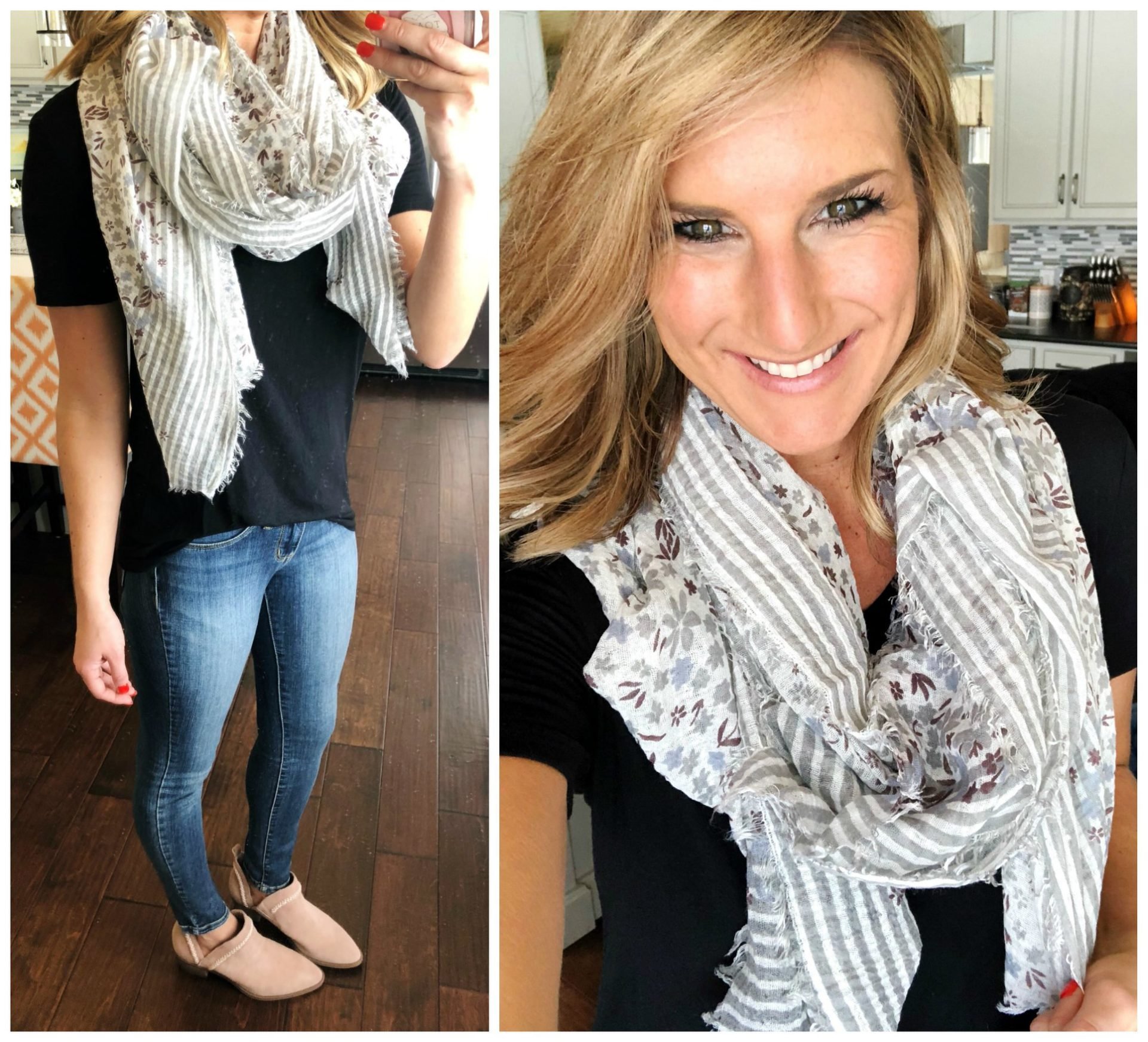 Casual Spring Outfit //V Neck Tee + Jegging + Booties + Spring Scarf