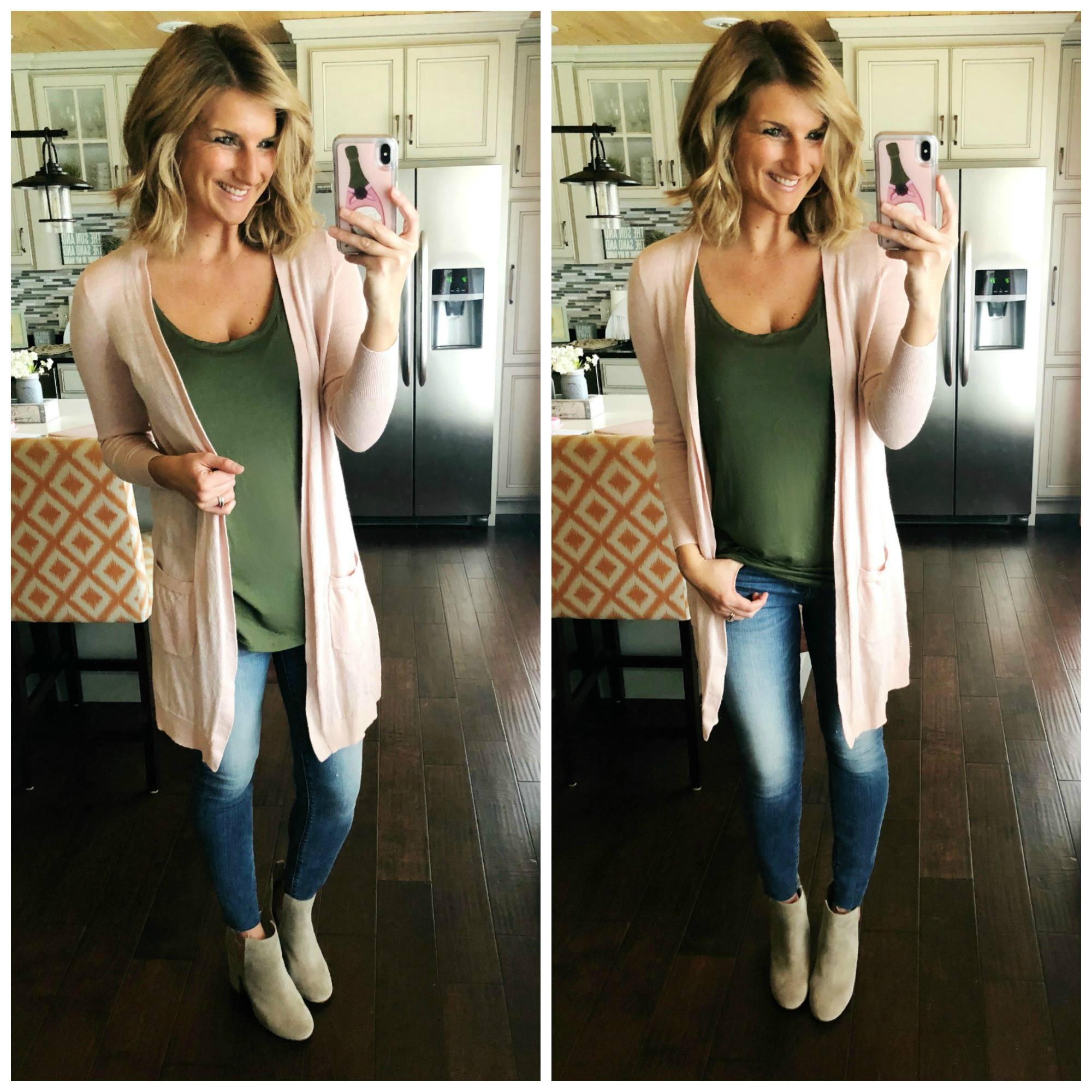 Casual Spring Outfit // Relaxed Tank Top + Blush Cardigan + Skinny Jeans + Tan Booties