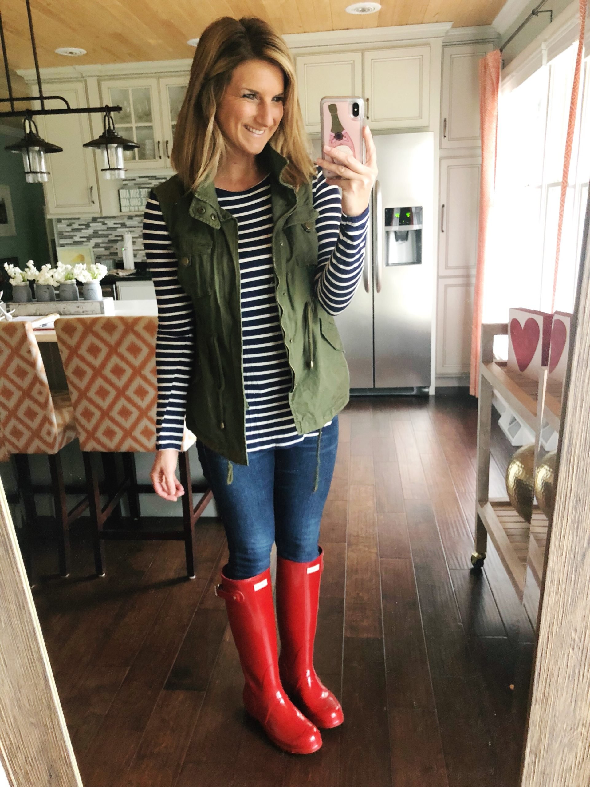 Striped Top + Jeggings + Military Vest + Hunter Boots // Spring Fashion