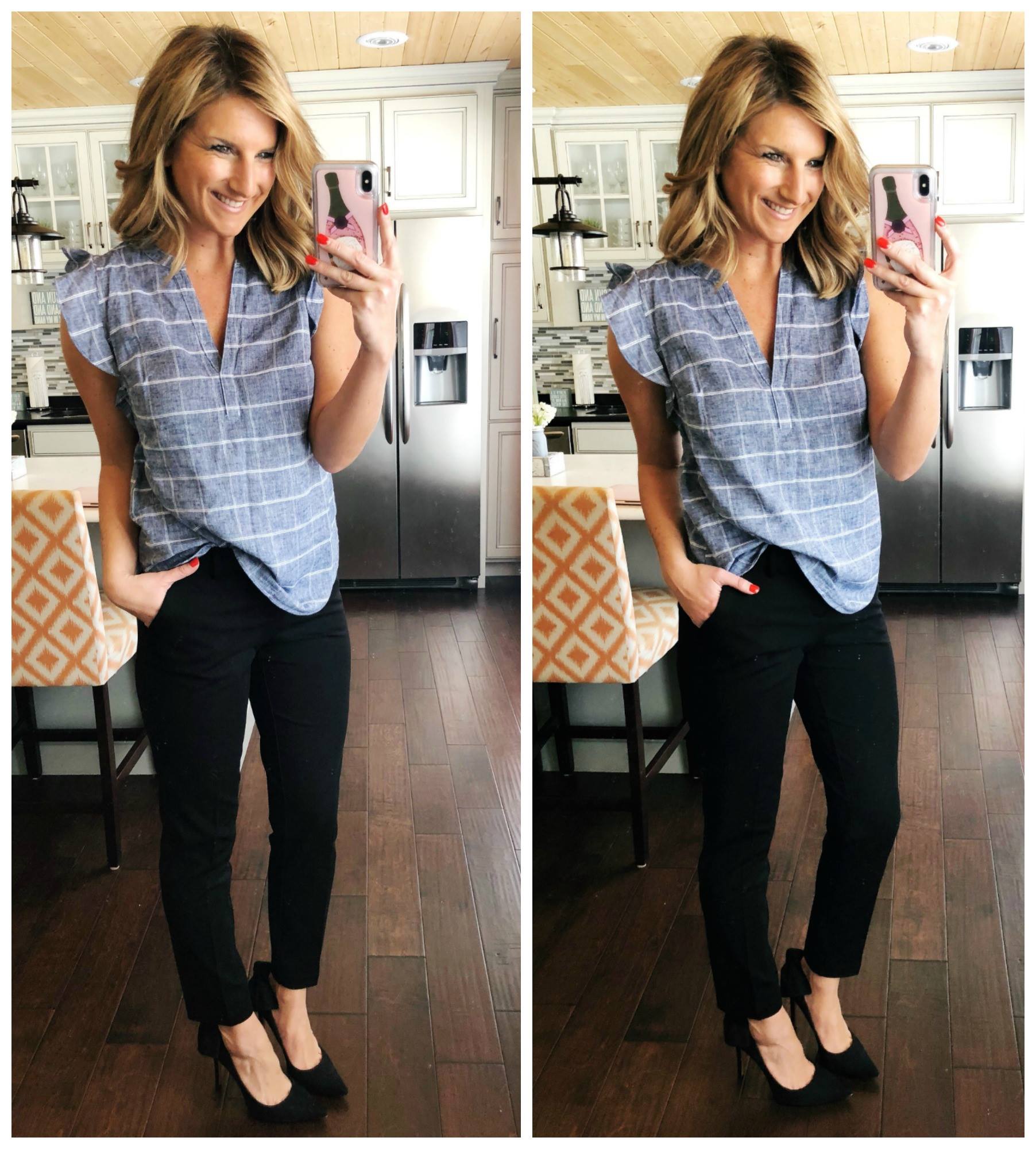 Casual Work Wear Outfit // Flutter Sleeve Top + Black Trousers + Bow Heels