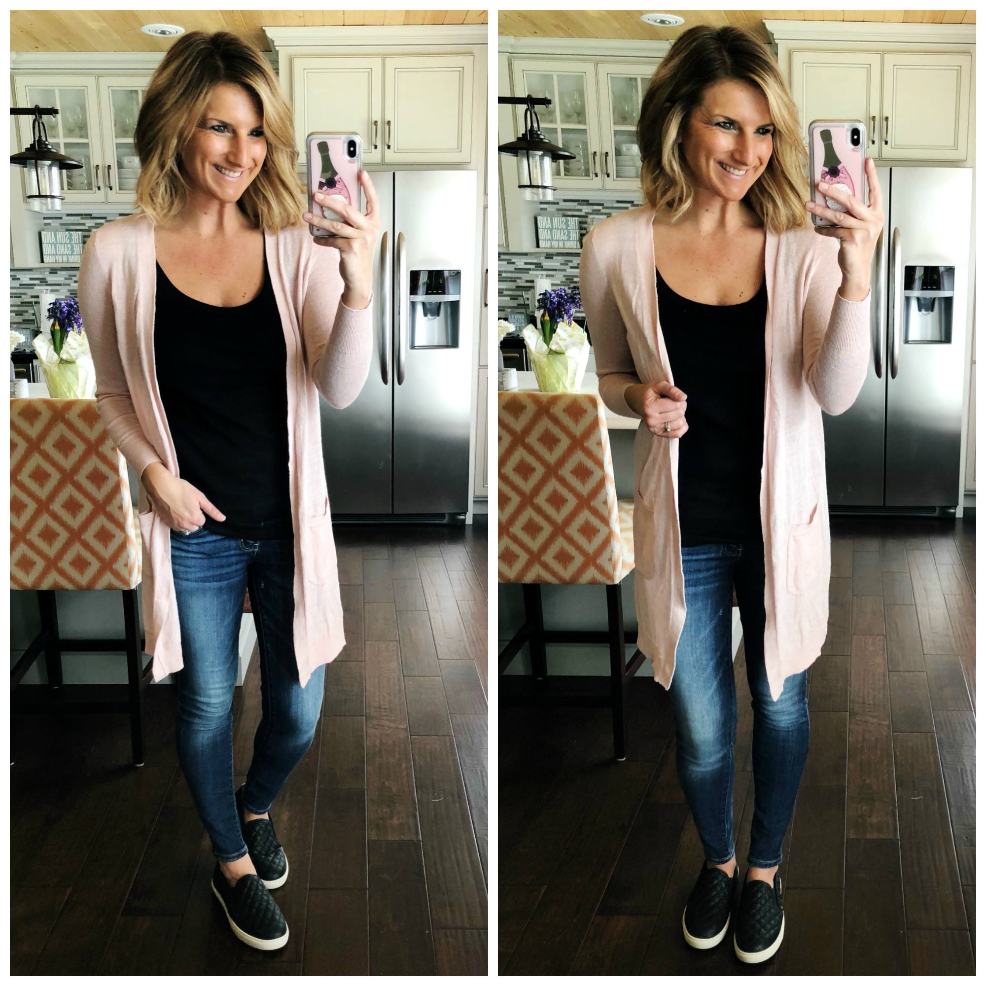 Simple Spring Outfit // Black Tank Top + Jeggings + Blush Cardigan + Black Sneakers 