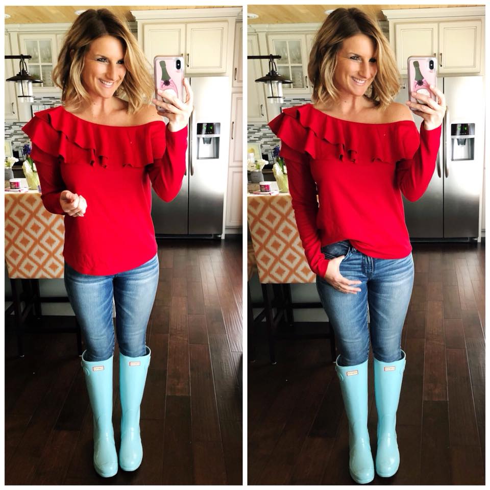 Date Night Top // Off the Shoulder Top + Cropped Jeggings + Hunter Boots // Spring Fashion