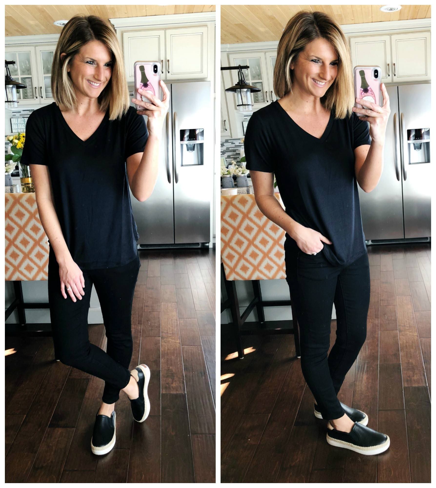 Black Top + Black Crop Skinny Jeans + Black Slip On Shoes // All Black Outfit // Perfect V Neck Tee // Comfy Flats // Black Flats