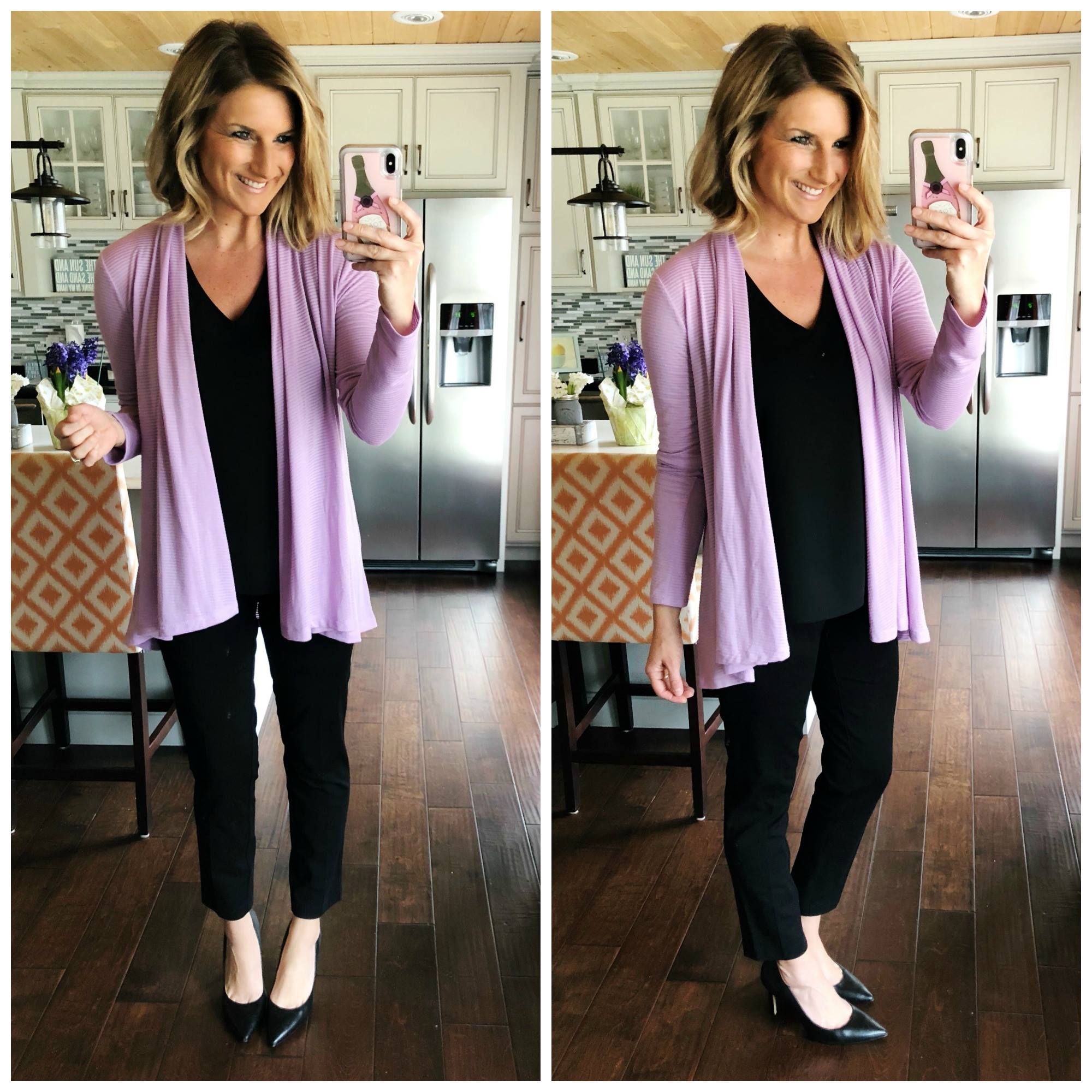 Work Wear// Dressy Top + Dress Pants + Lightweight Cardigan + Pumps // Spring Work Fashion