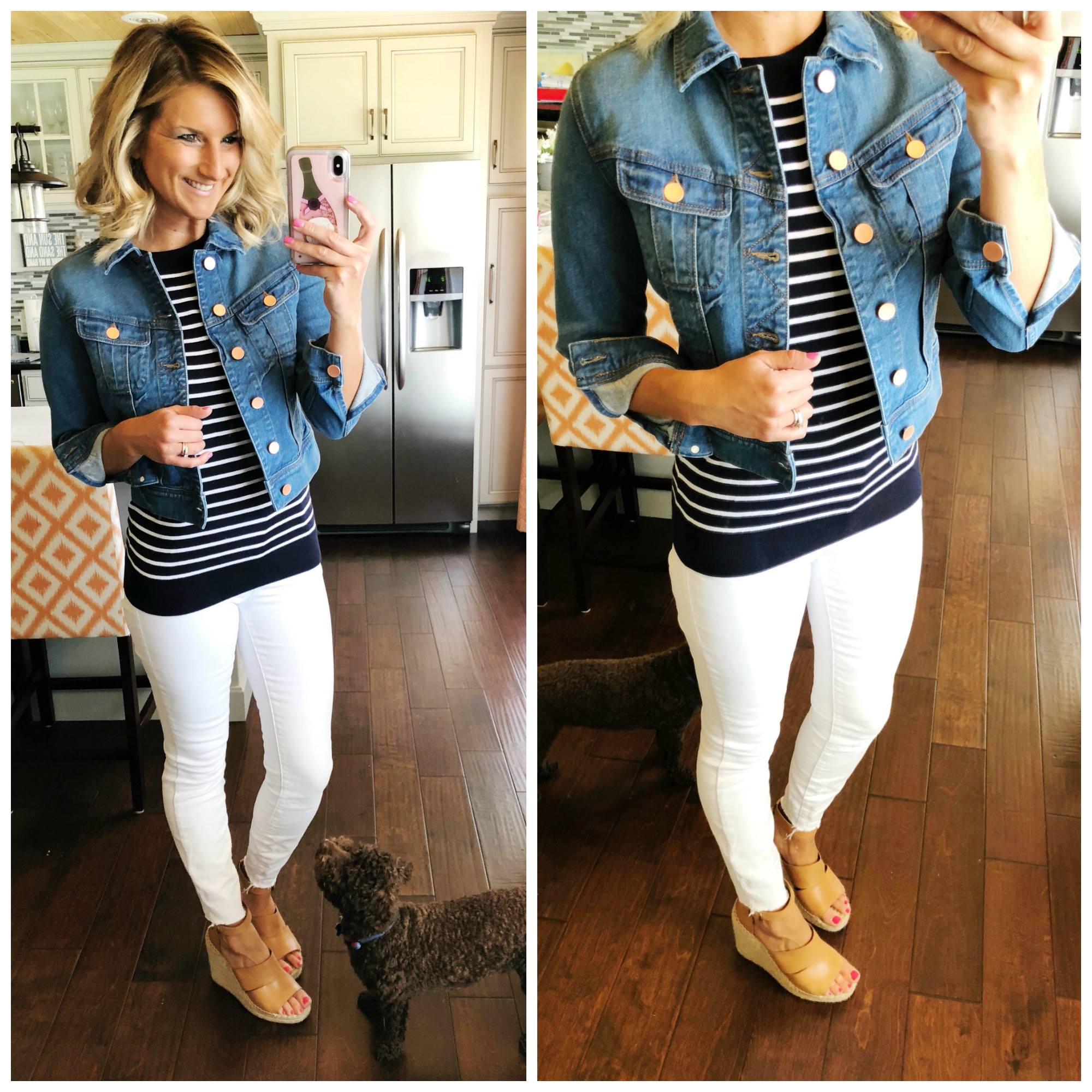 Perfect Denim Jacket // Cropped Denim Jacket // Navy and White Striped Top with White Jeans and Denim Jacket