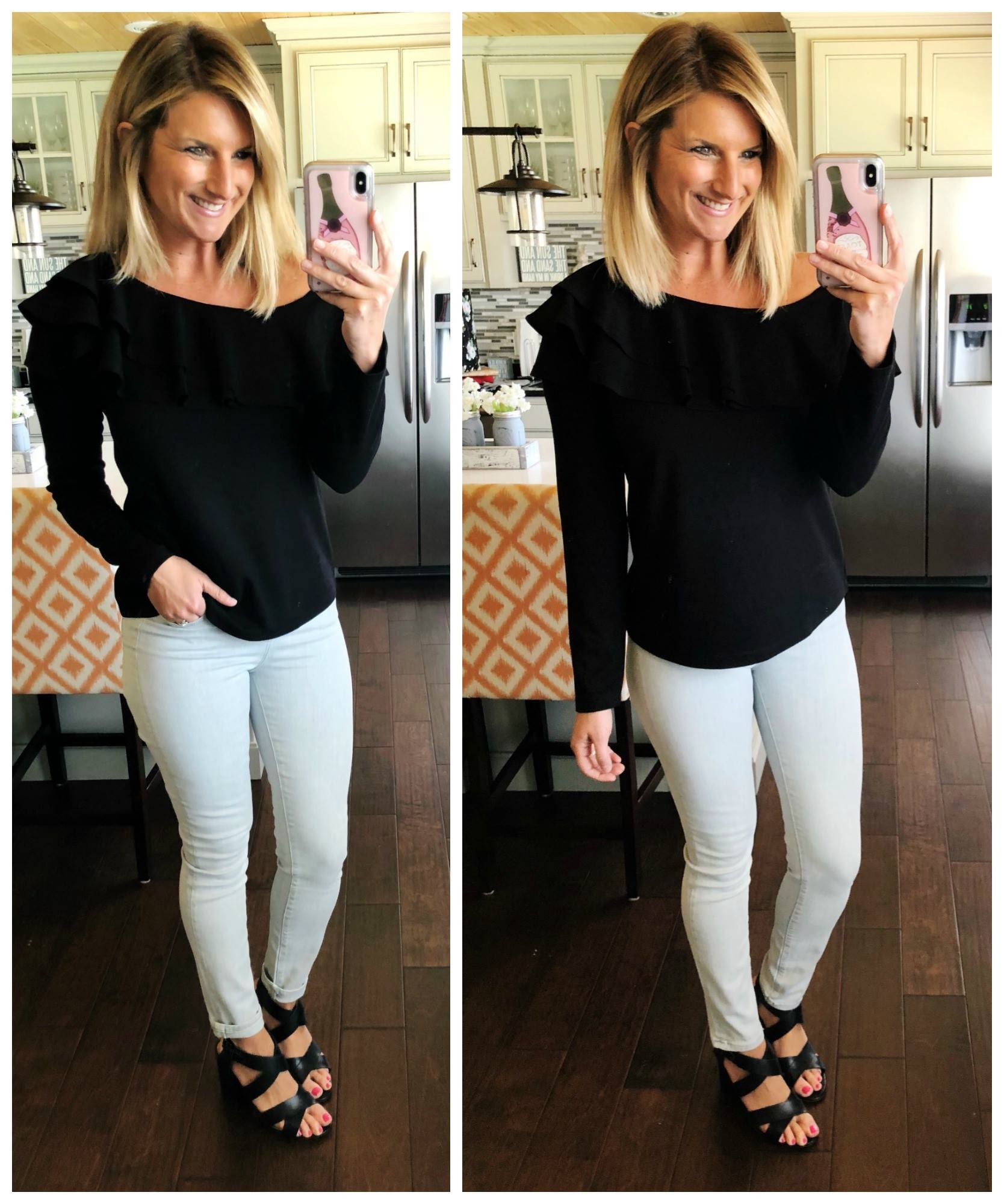 Perfect Date Night Outfit // Grey Jeans Outfit // Off the Shoulder Top with Grey Jeans and Strappy Sandals