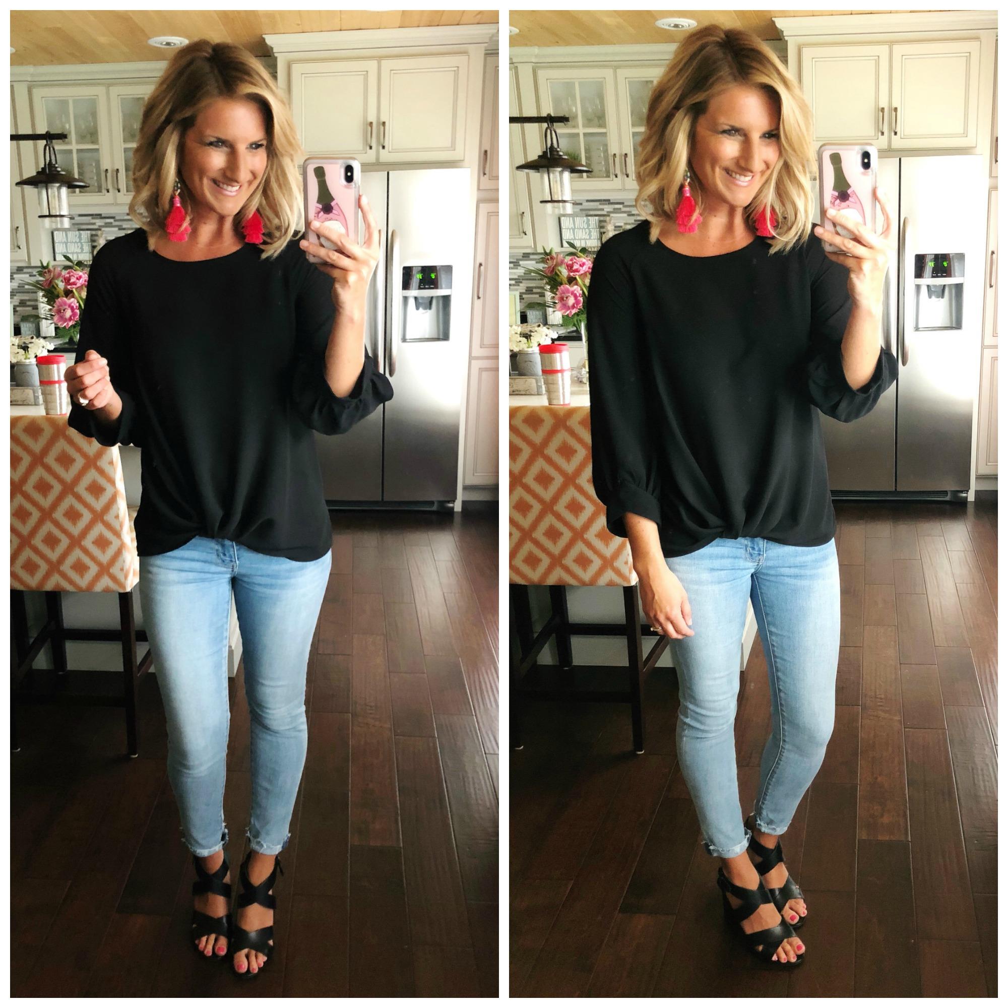 Spring Date Night Outfit // Perfect Date night outfit // How to Style a Twist Hem Top // Date Night Top + Cropped Jeggings + Block Heel Sandals + Statement Earrings