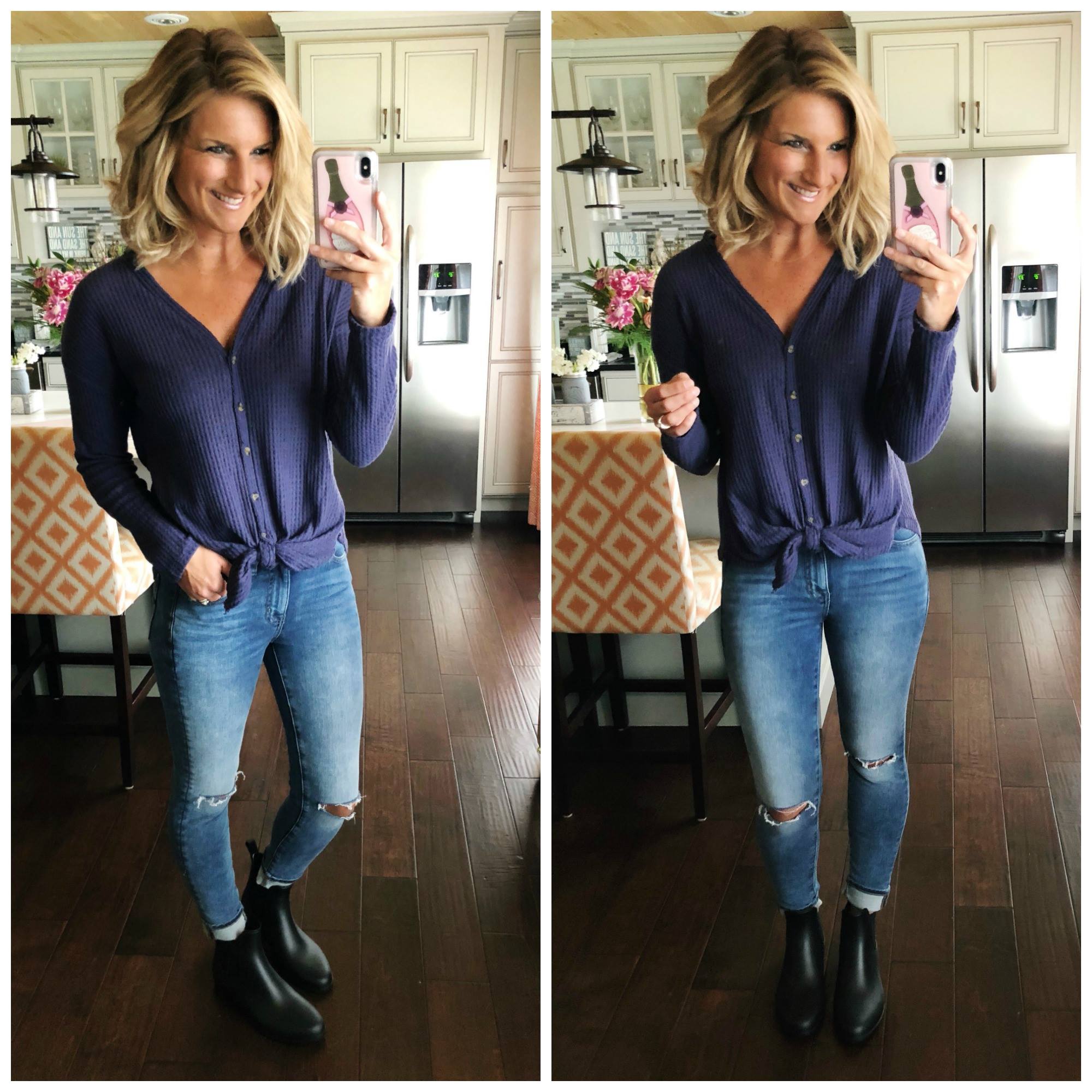 How to Style Rain Boots // Perfect Rain Boots // Button Up Tie Top + Slit Knee Jeggings + Black Rain Boots