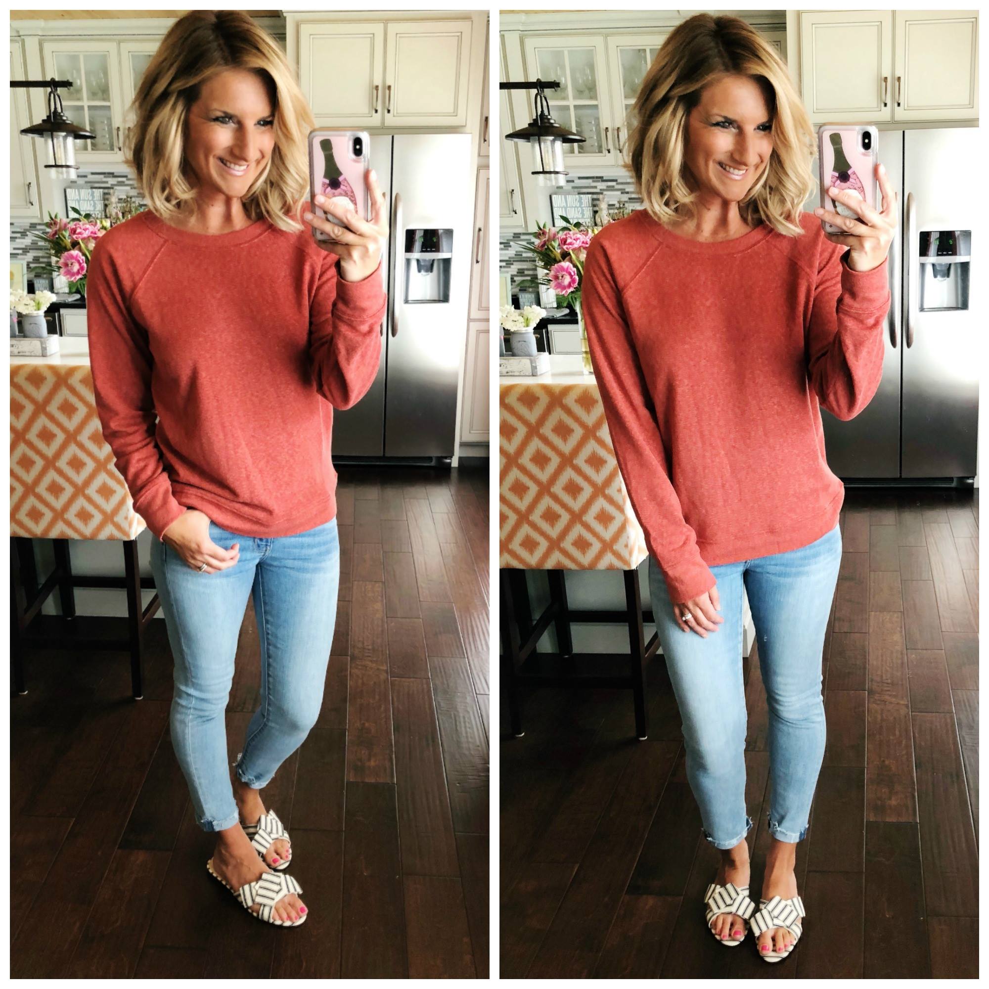 How to style a sweatshirt and sandals // the perfect spring sweatshirt // Crewneck sweatshirt + Cropped Skinny Jeans + Bow Slide Sandals // Spring Fashion