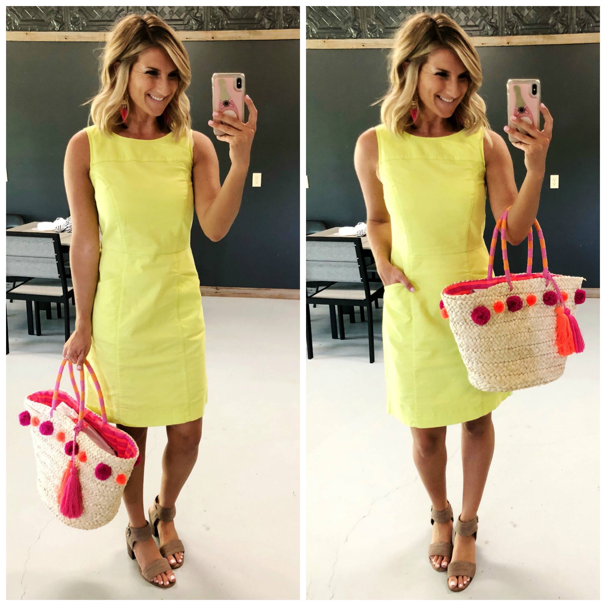 Work Dress // Affordable Shift dress with pockets perfect for work a wedding or other casual event // Block heel sandals