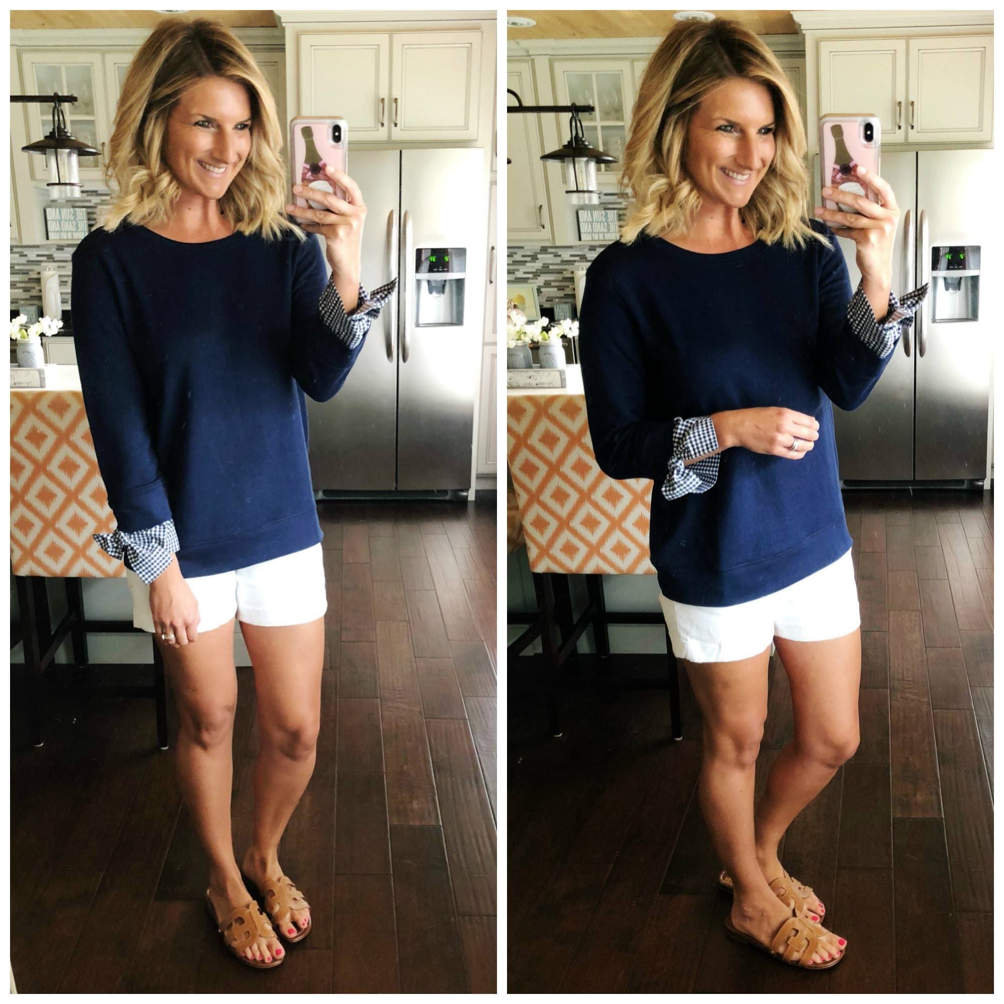 How to Style a Poplin Cuff Sweatshirt // Cute sweatshirt under $60 for Spring and Summer // Non Sheer White Pull On Shorts