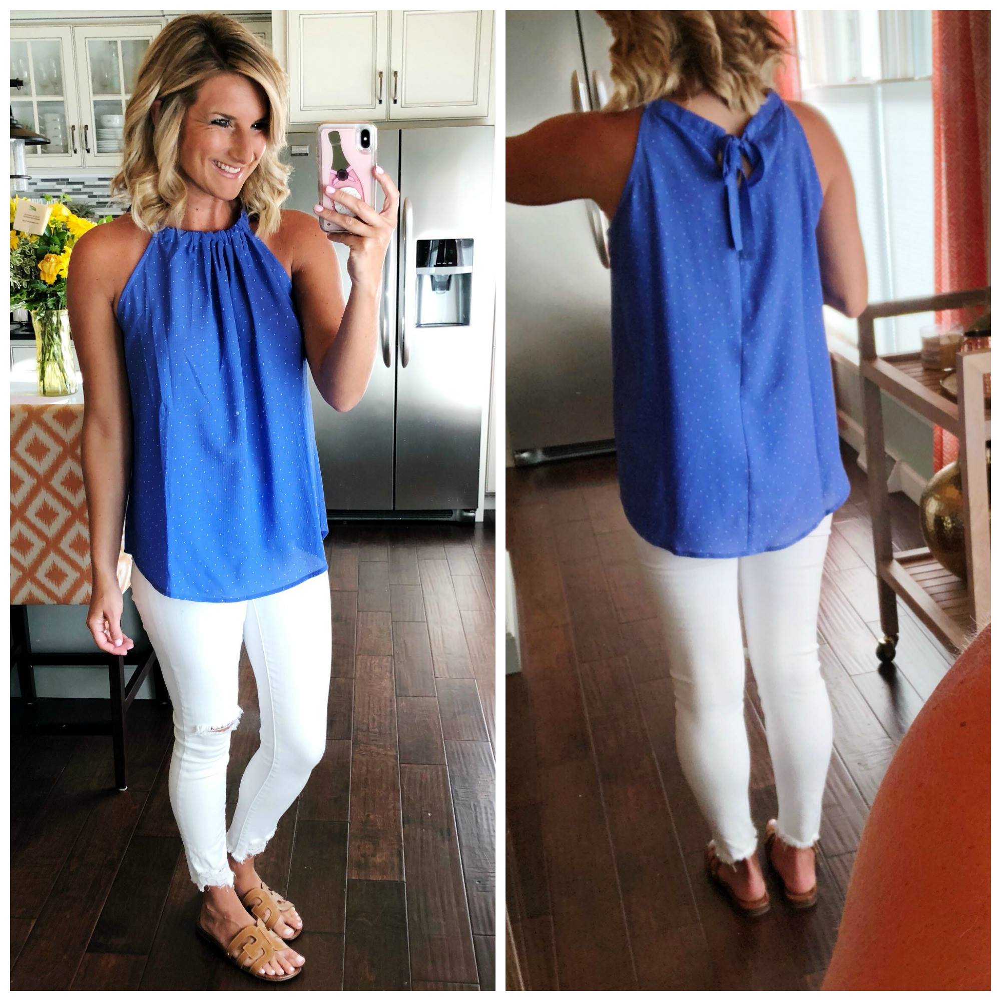 How to Style a Halter Top // Halter Top with White Jeans and Slide Sandals // Sam Edelman Sandals