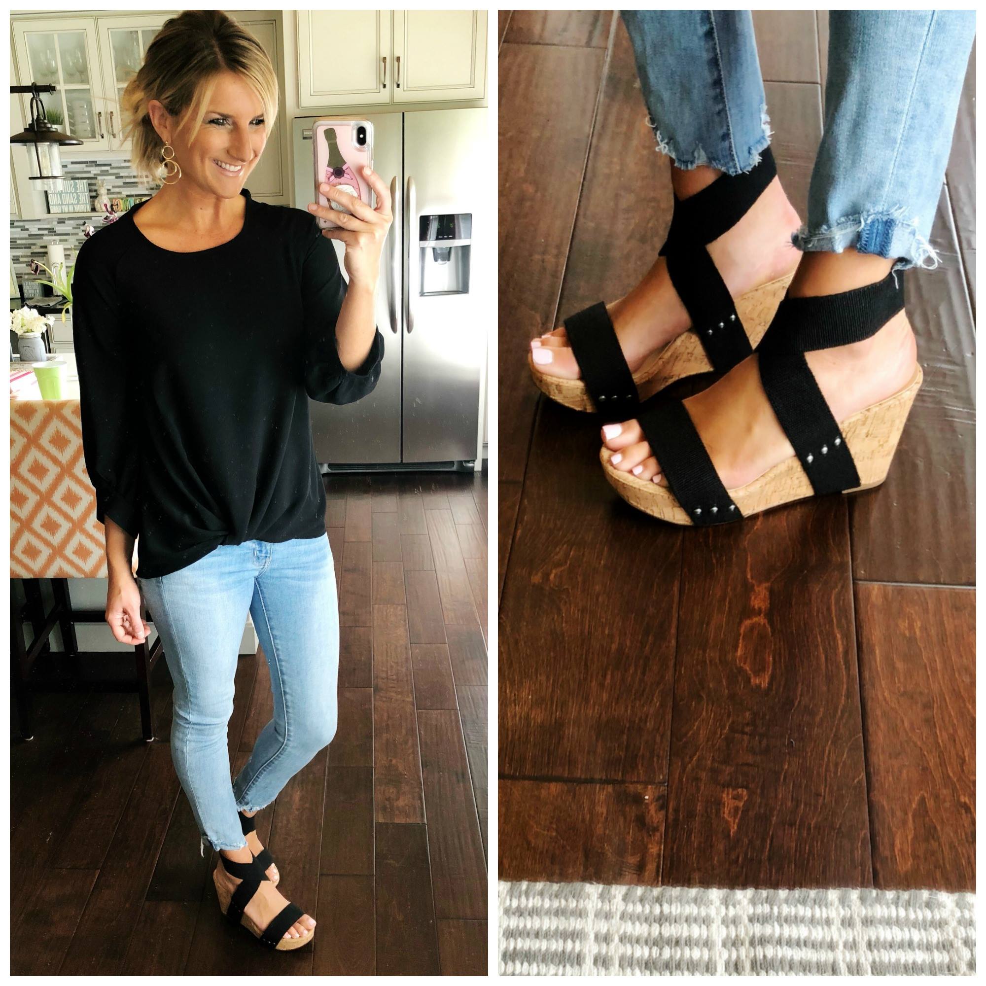 How to Wear a Twist Hem Top // Comfortable Wedge Sandals // Twist Hem Top with Cropped Jeans and Wedges