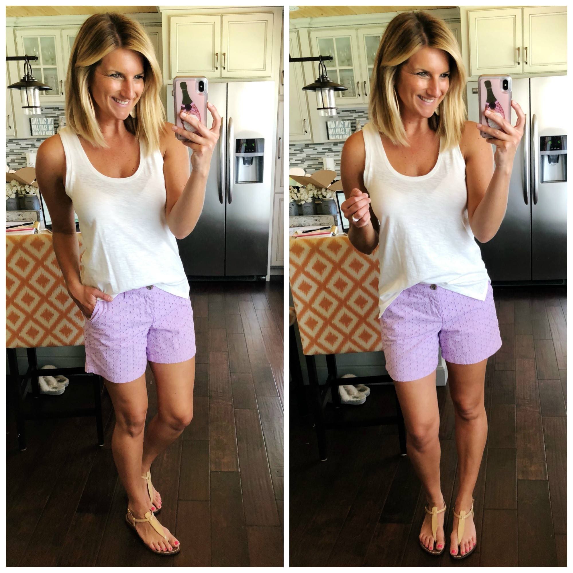 U Neck White Tank Top with Lavender Eyelet Shorts and Tan Sandals // Perfect Length Shorts // Perfect White Tank Top