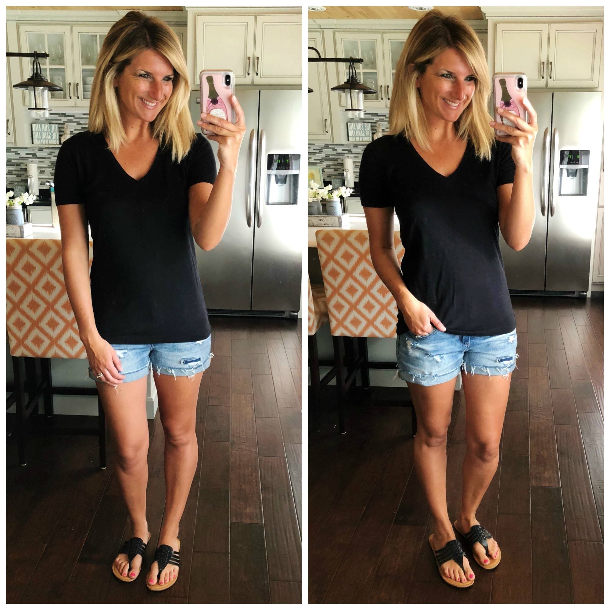 Non Sheer Black V Neck Tee perfect for Spring and Summer // Distressed Cuffed Shorts // Spring and Summer Fashion