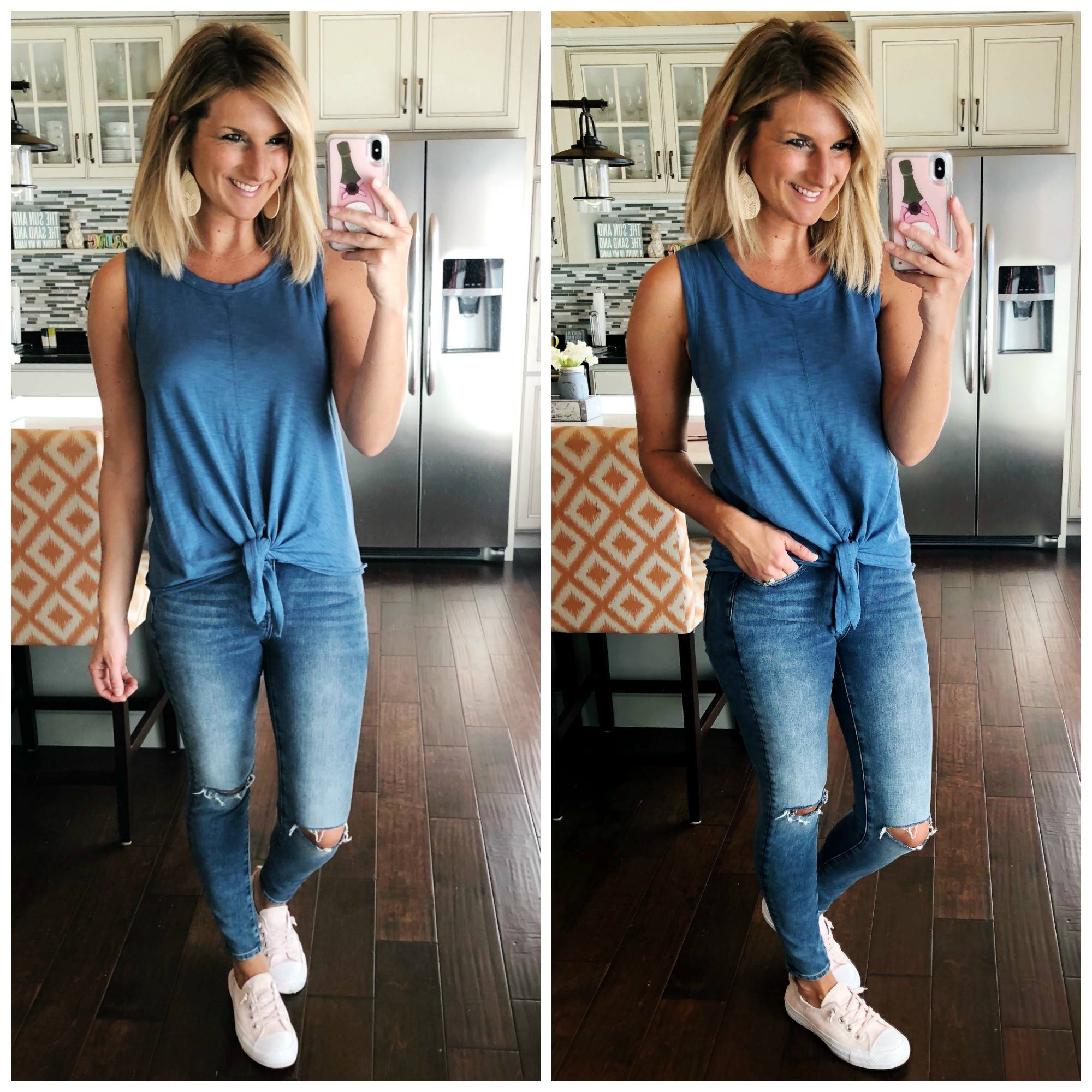 How to wear a tie front top // Blue Tie Front Top // Blush Converse // Tie Front Top with distressed ankle jeggings and blush converse sneakers