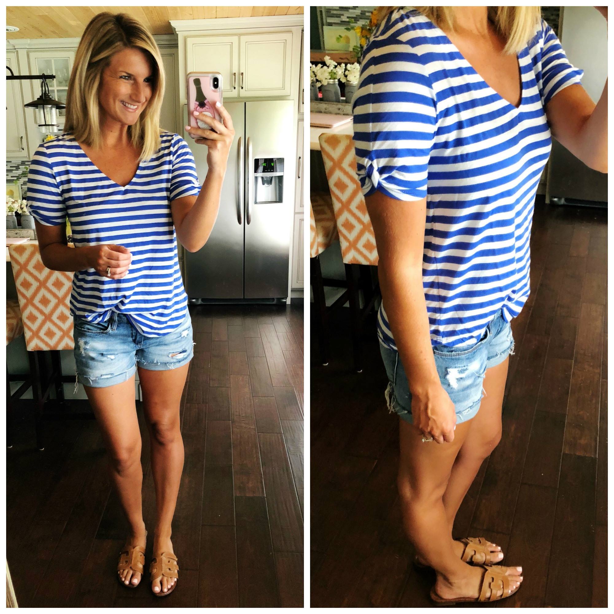 Casual Summer Outfit // Twist Sleeve Top with Cuffed Shorts and Slide Sandals // Summer Fashion