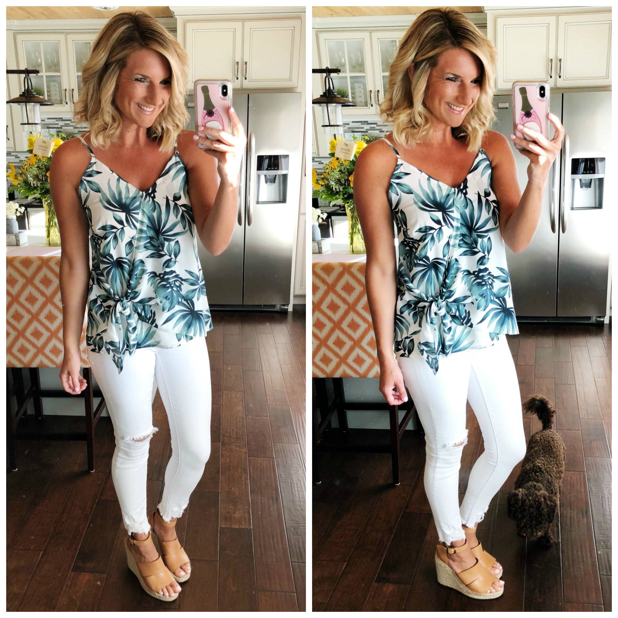 What to Wear with White Jeans in the Summer // Faux Wrap Top with White Jeans and Wedge Sandals // Palm Print Top