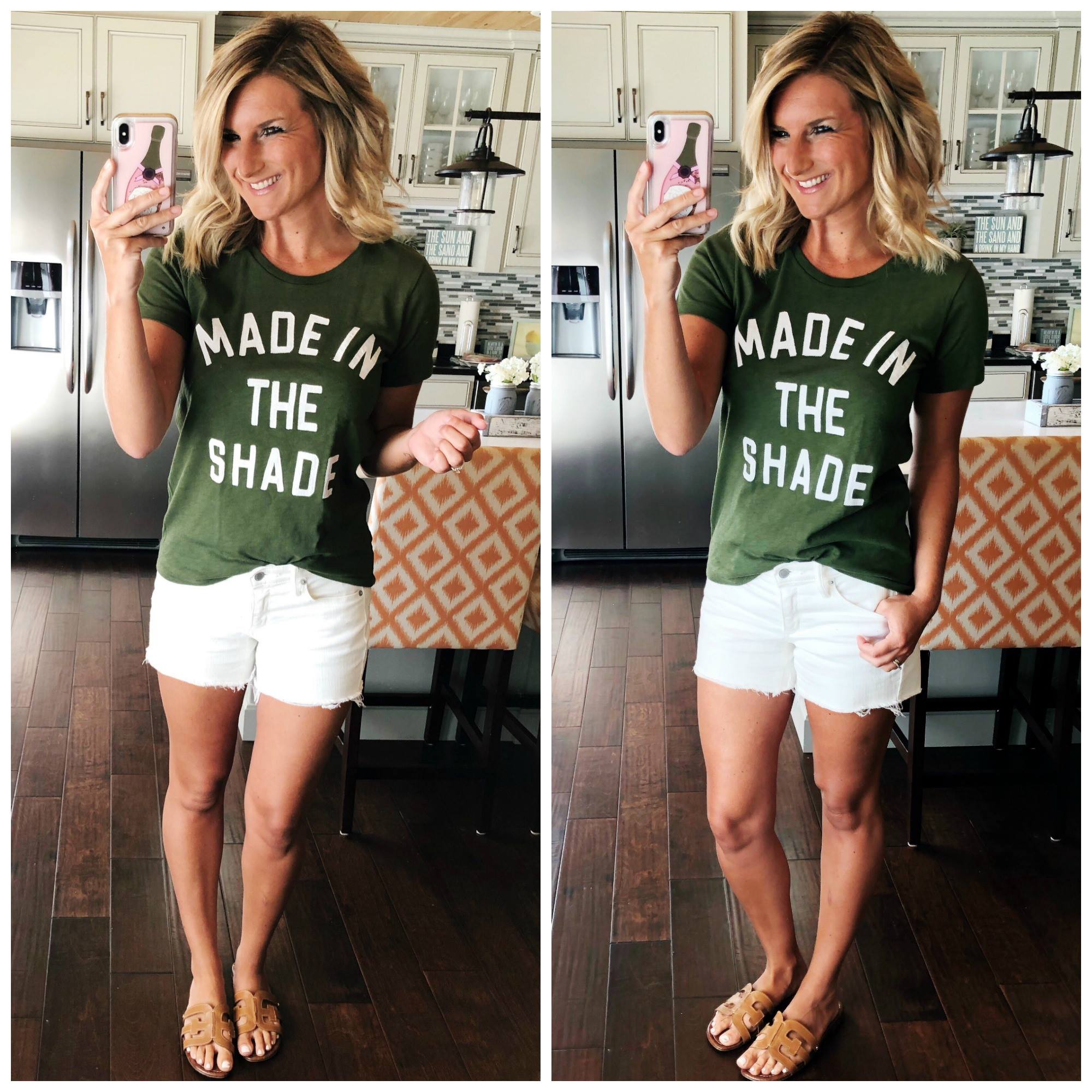 What to Wear with a Graphic Tee // What to Wear with White Shorts // Non Sheer White Shorts // Outfit of the Day // Comfortable Slip On Sandals // Under $20 shorts