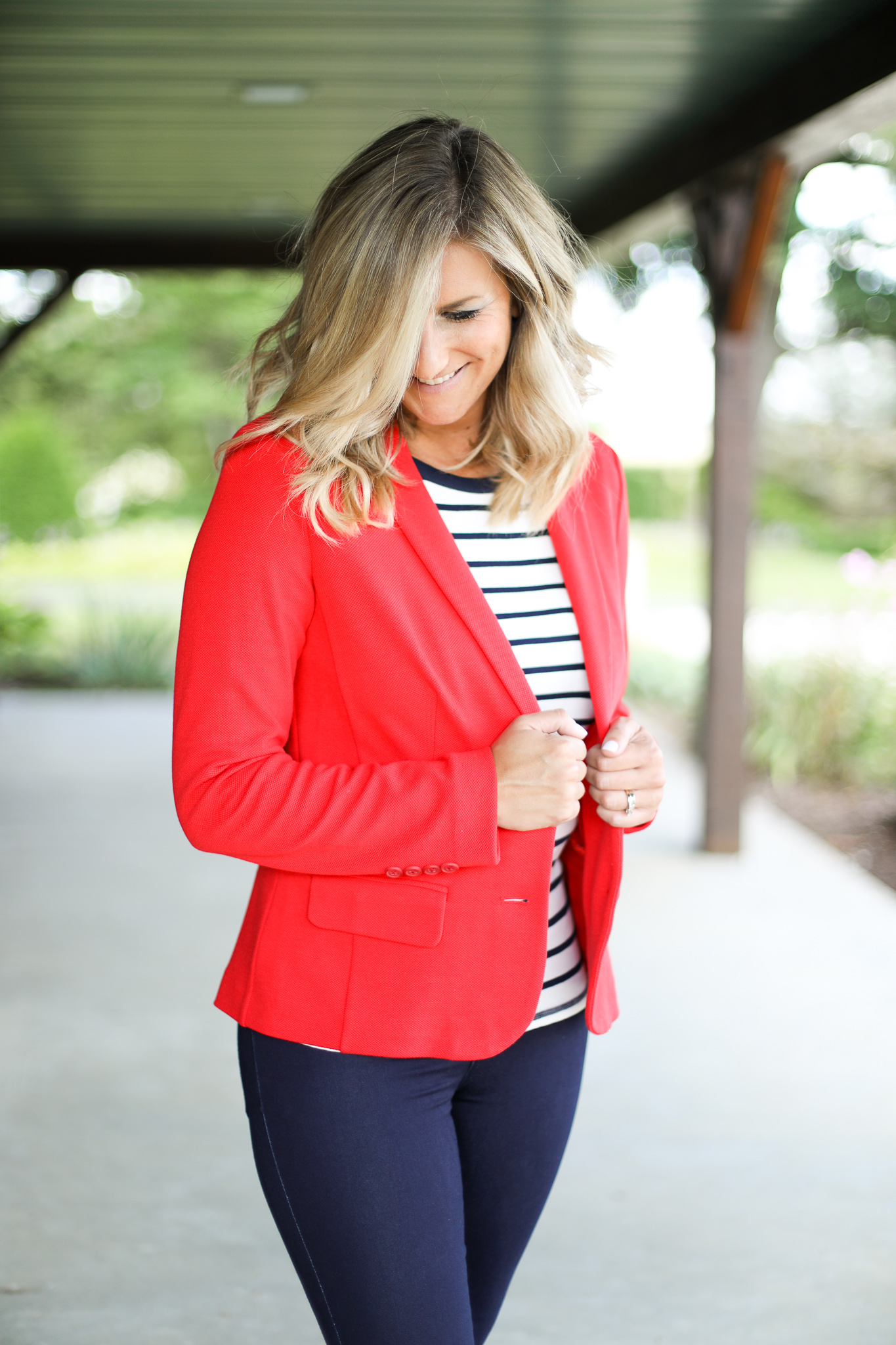 red blazer white navy striped shirt