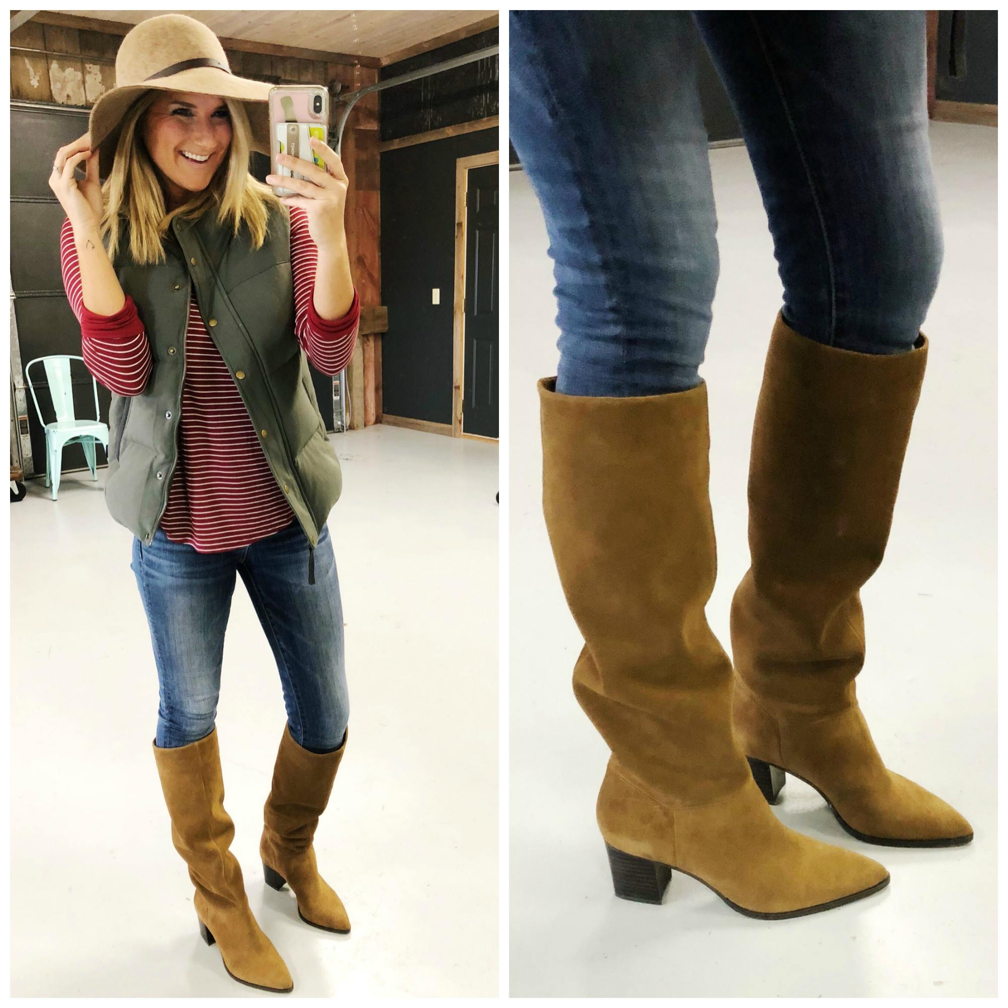 Striped Tee with Jeggings and Tall Boots // Slouchy Boots // Fall fashion // Fall Outfit