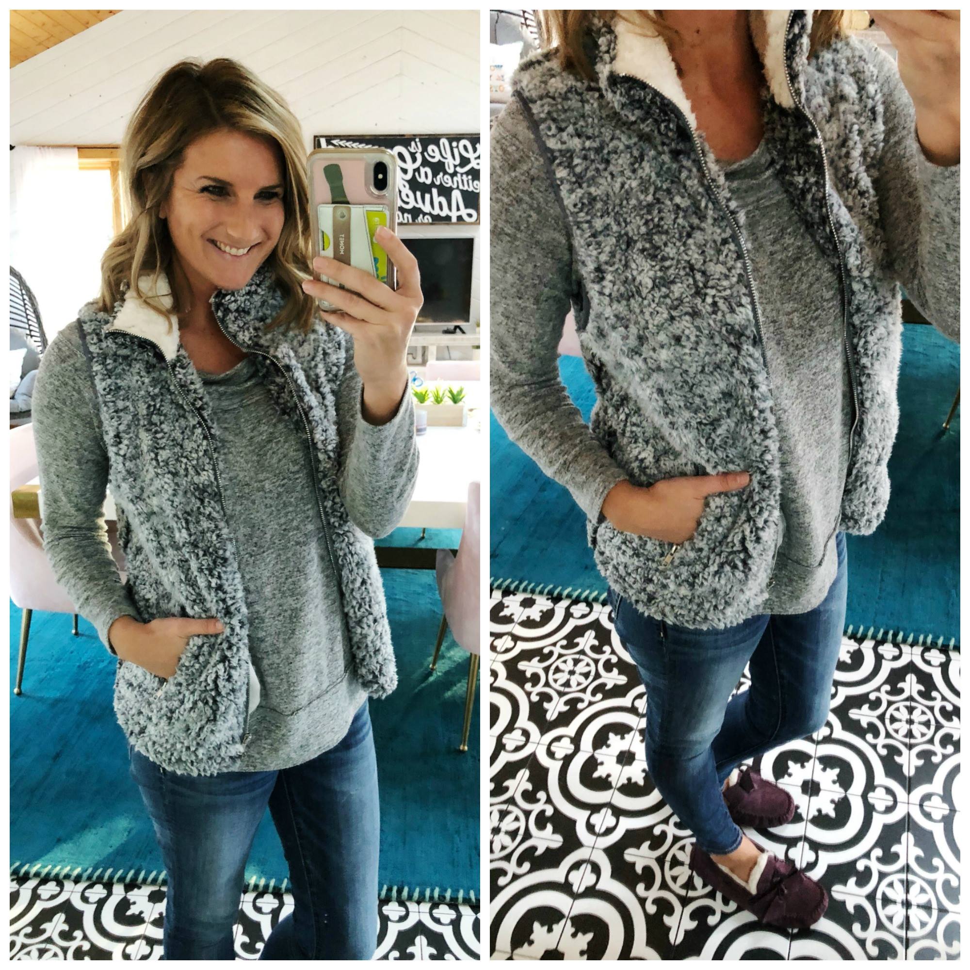 Sherpa Vest // Lounge Wear // Fall Fashion // Winter Fashion // Casual Outfit // Ugg Slippers // American Eagle Jeggings