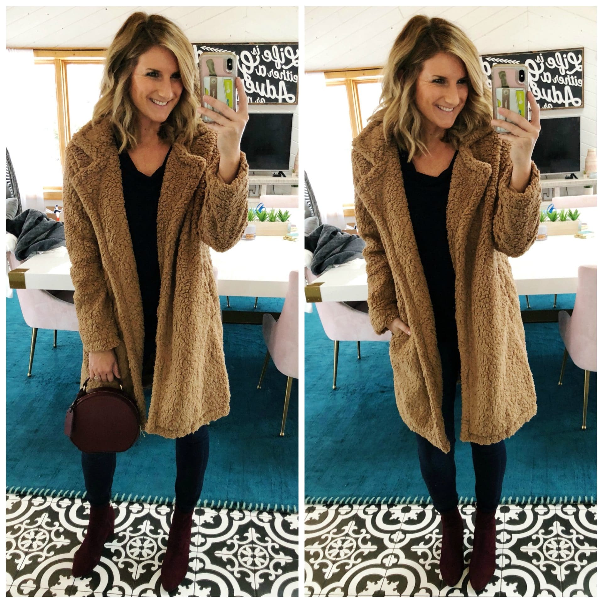 Coatigan // Teddy Coat // Winter Coat // Outerwear // Faux Fur Coat // Camel Coat // Burgundy Booties