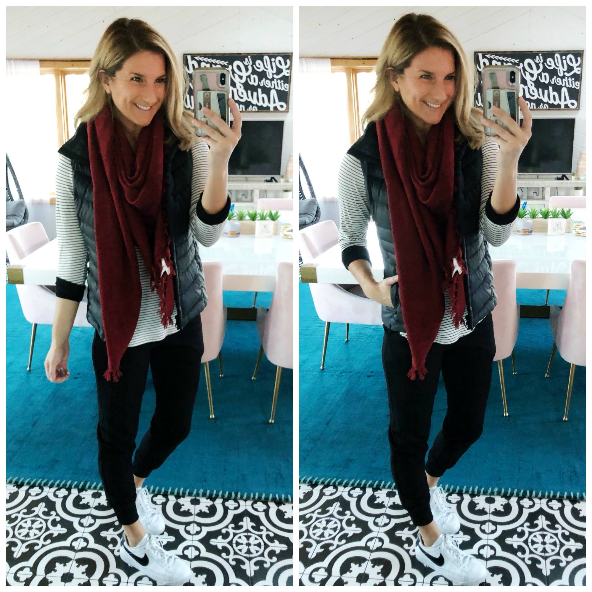 Casual Winter Outfit // Striped Tee with Joggers and Sneakers // Nike Sneakers // Cozy Basics // Wardrobe Basics // Best Striped Tee // Cozy Joggers