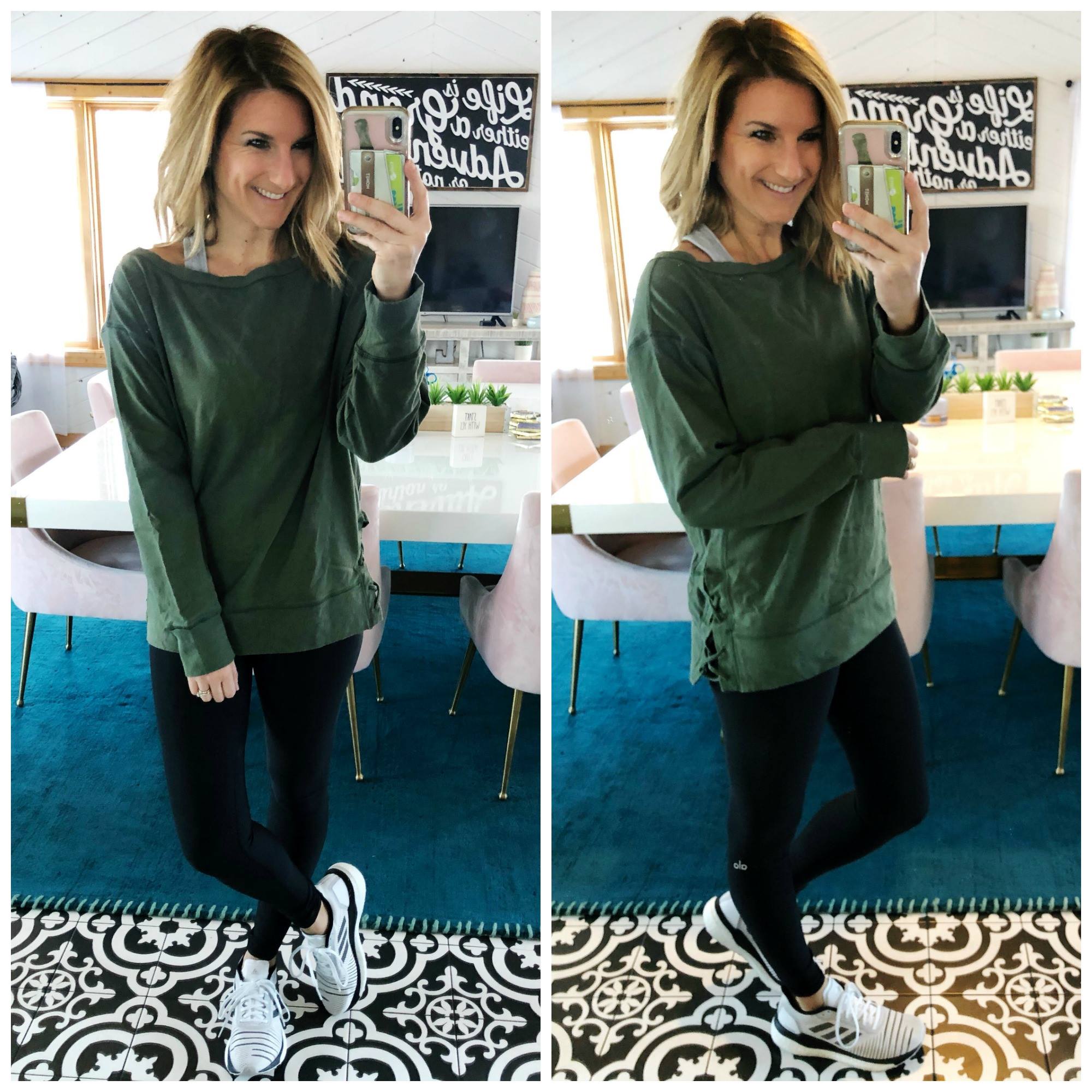Work Out Wear // Athleisure // Athletic Outfit // Yoga // Yoga Leggings // Comfy Pullover // Training Sneakers // Athletic Sneakers 