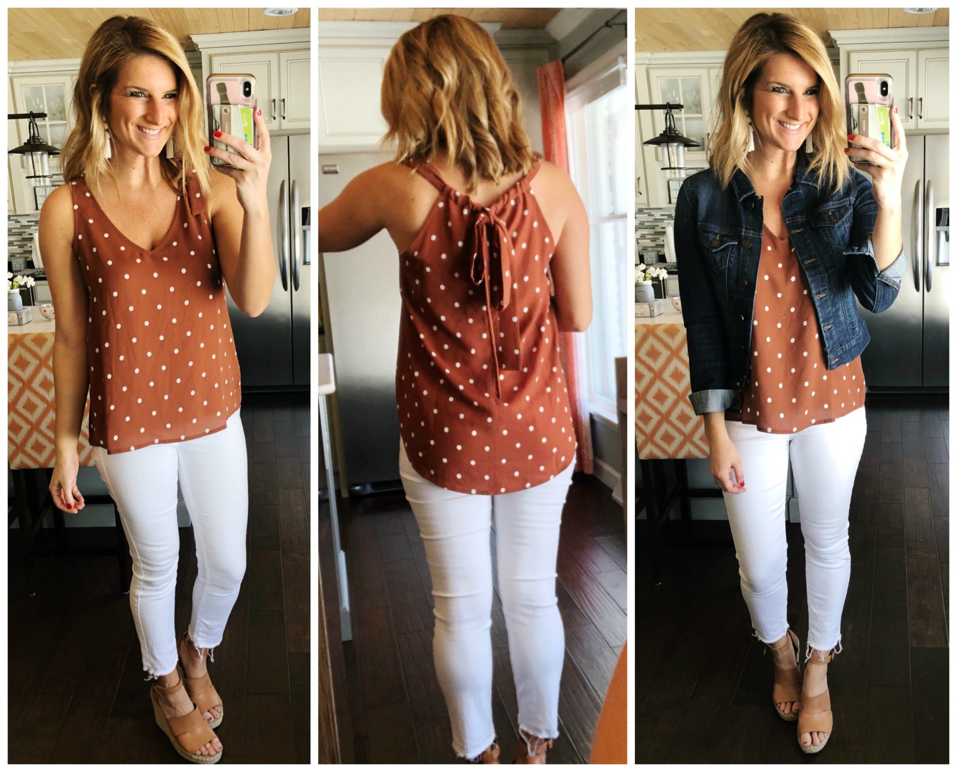 Cute Summer Outfit // Transitional Outfit // Denim Jacket // White Skinny Jeans // Polka Dot Top // Spring Fashion 