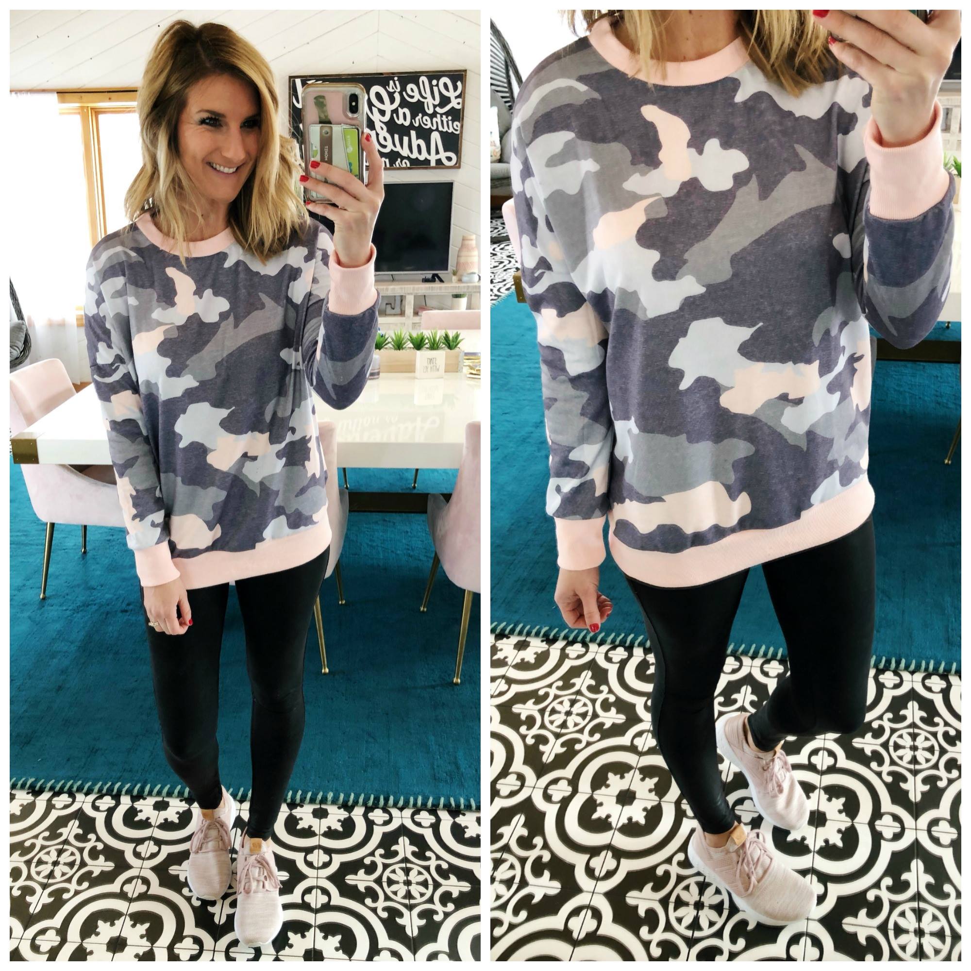 Camo Sweatshirt // Spanx Leggings // New Balance Sneakers // Blush Sneakers