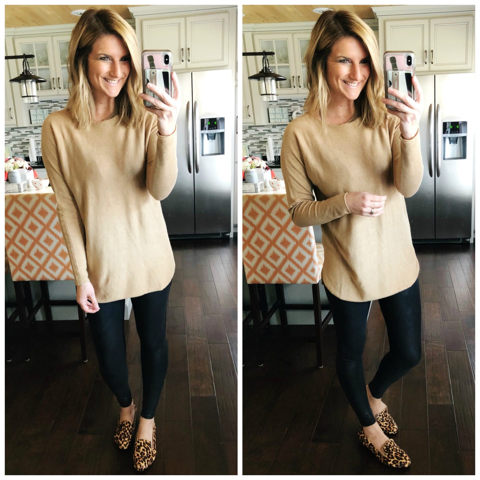 Spanx Leggings // Camel Sweater // Faux Leather Leggings // Tunic Sweater // Leopard Flats