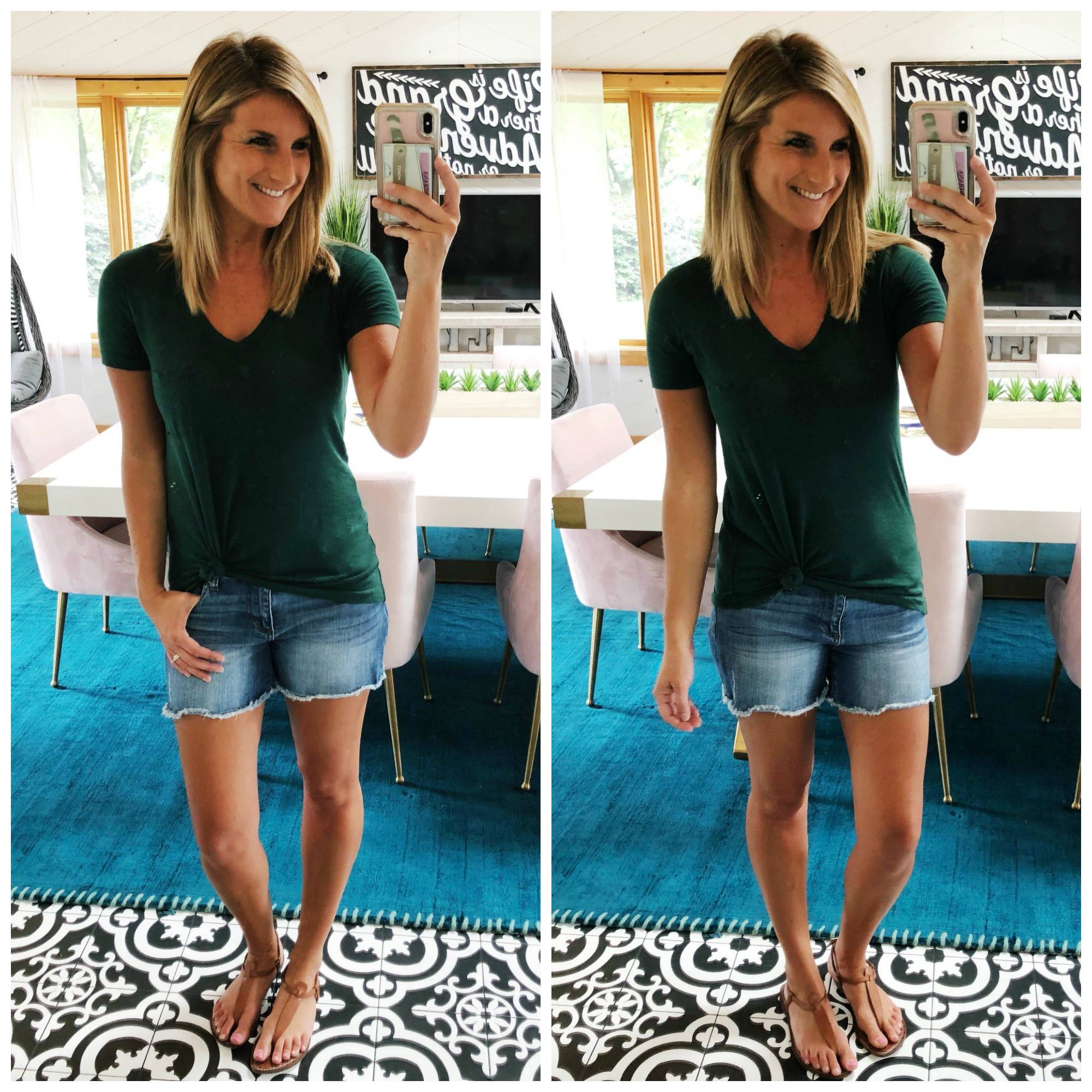 The perfect shorts for Summer // 4 inch inseam shorts // Frayed hem shorts and v neck tee // What to wear with shorts