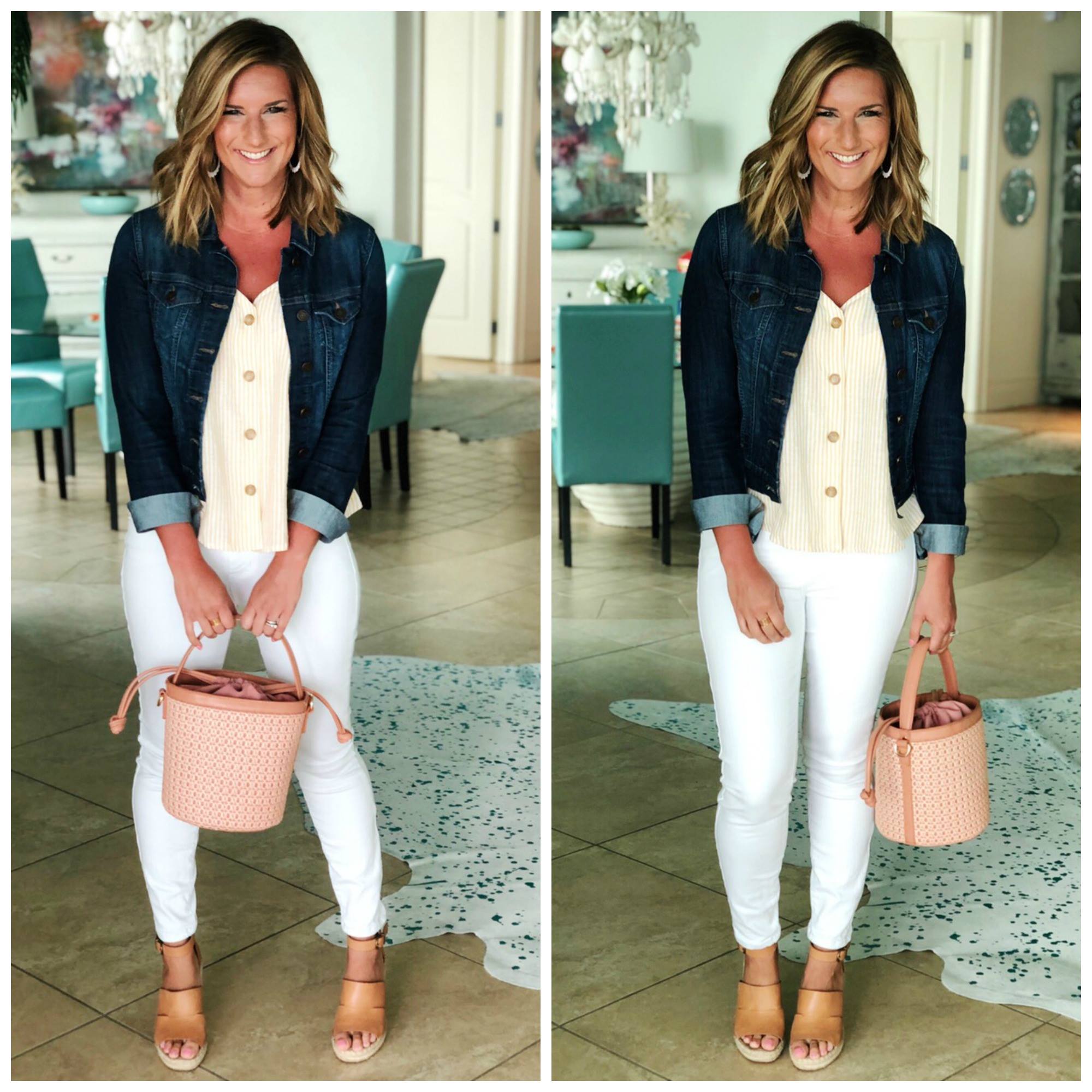 What to wear with White Jeans in the Spring // Spring Outfit with White Jeans // Spring Style // Cute bag for Spring // bucket bag // what to wear with a denim jacket