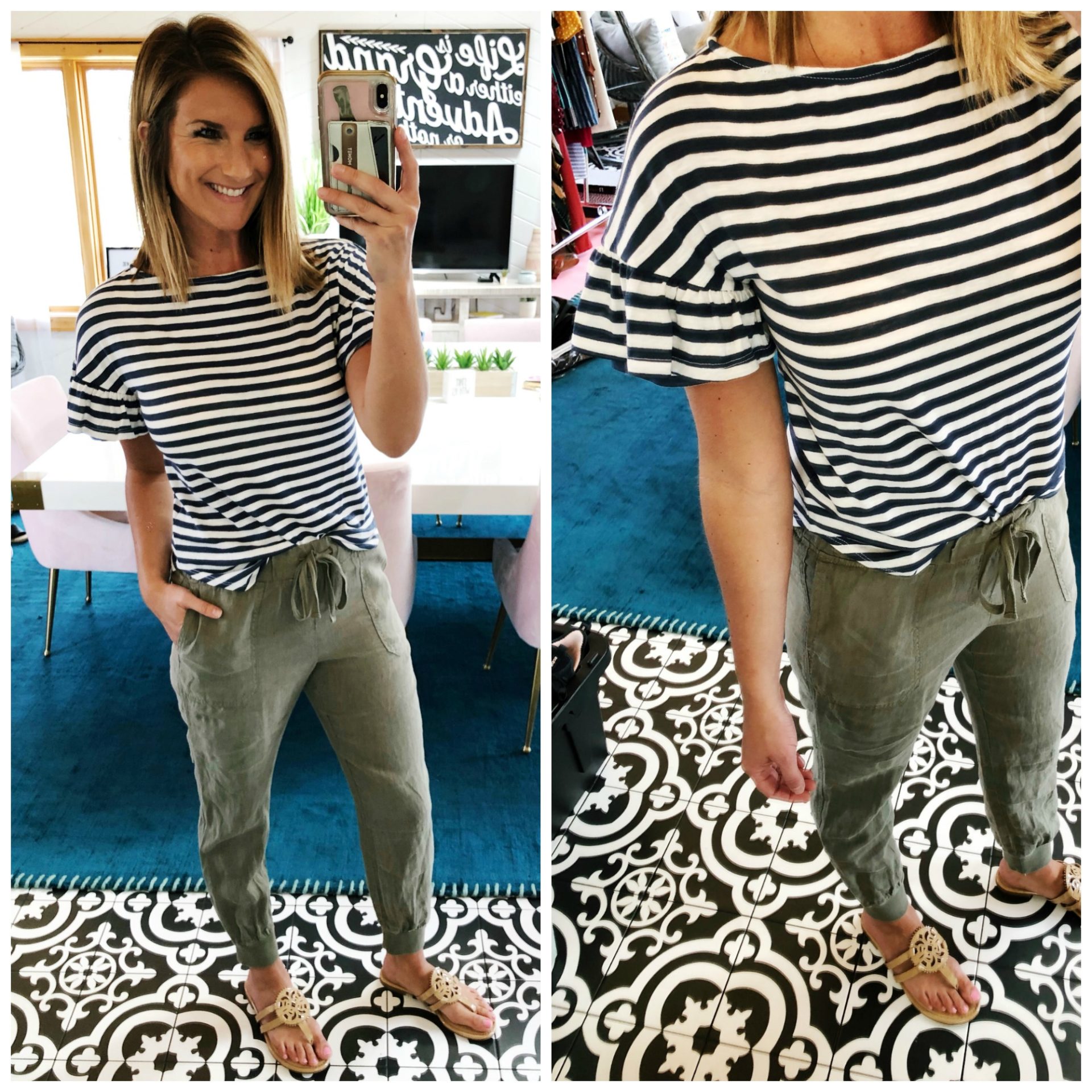 What to wear with linen joggers // how to style linen pants for spring // Ruffle sleeve top with joggers // spring style