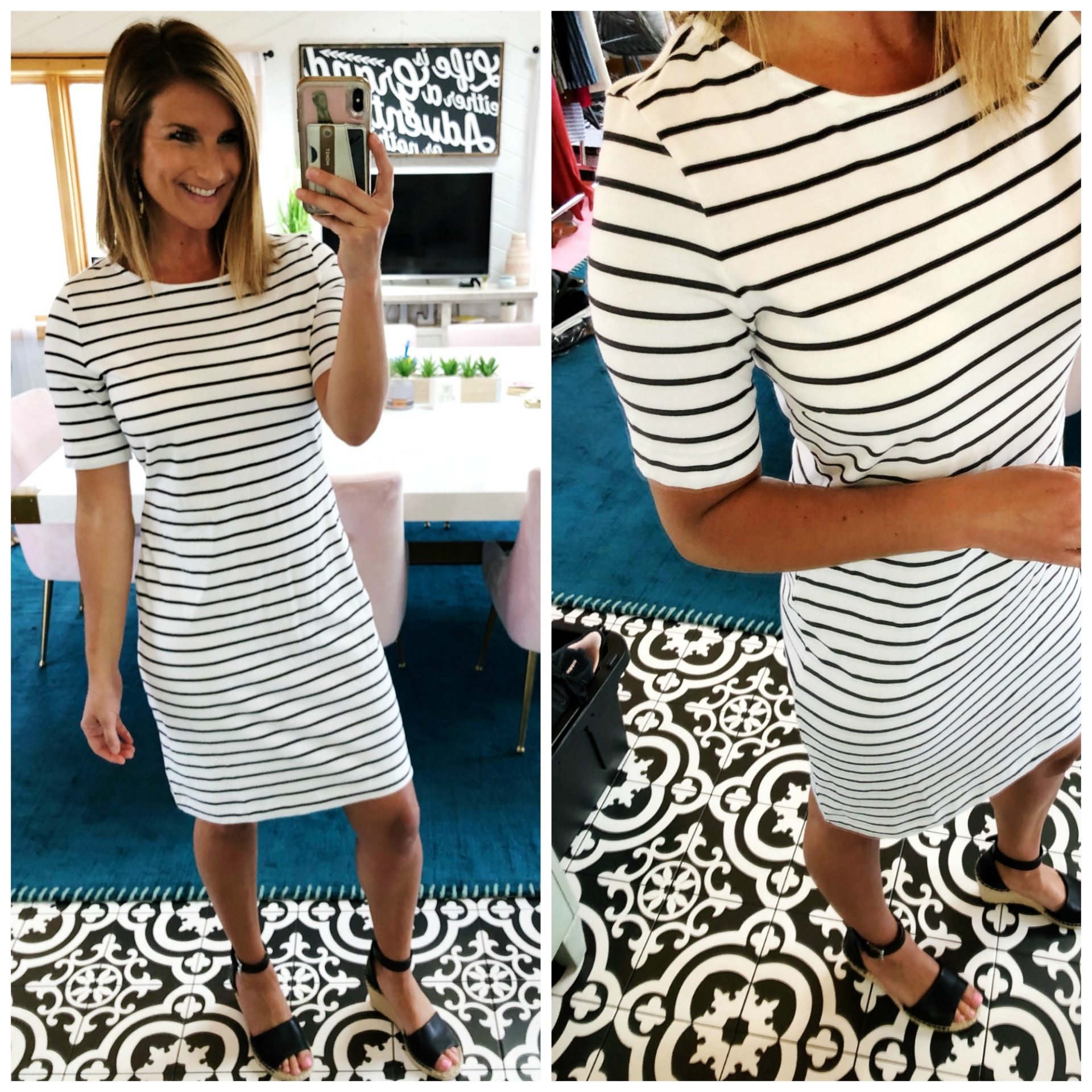 How to dress up a t shirt dress // what to wear with a t shirt dress // striped dress with wedge sandals